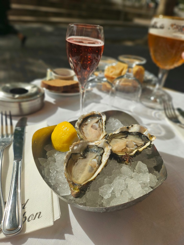 Platter of fresh oysters on crushed ice with lemon and flute of sparkling Kir Royal Champagne