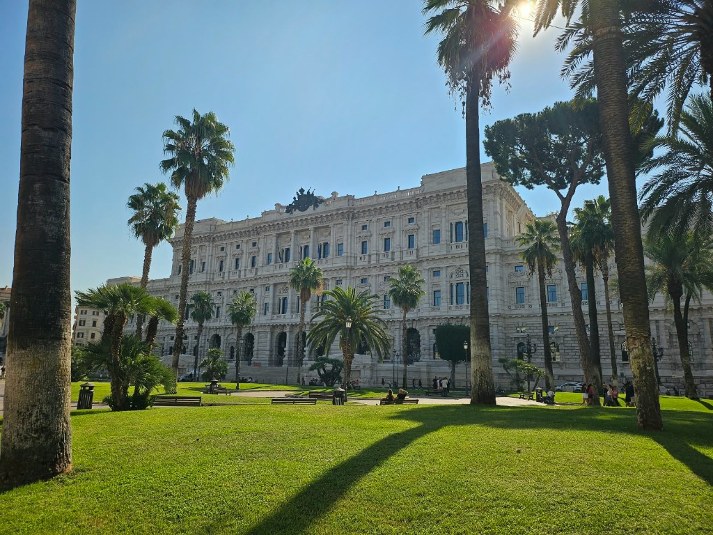 Roman sunlight spilling through tall palm trees and classical limestone architecture